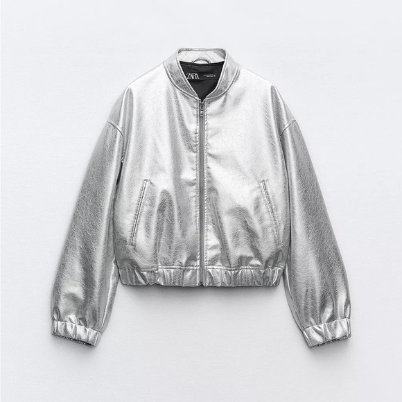 Zara Jackets & Blazers - Zara Silver Bomber Jacket with Stand-Up Collar and Elasticized Cuffs
